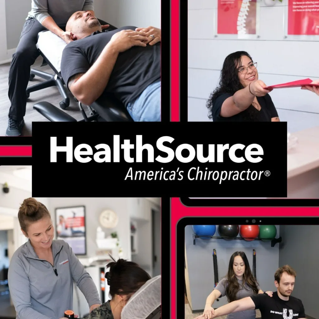 Collage of Healthsource team members greeting and working with patients