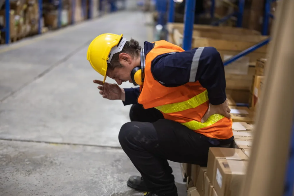 Man in orange safety vest and hard hat sits on boxes in a warehouse, clutching his back and wincing with pain. 