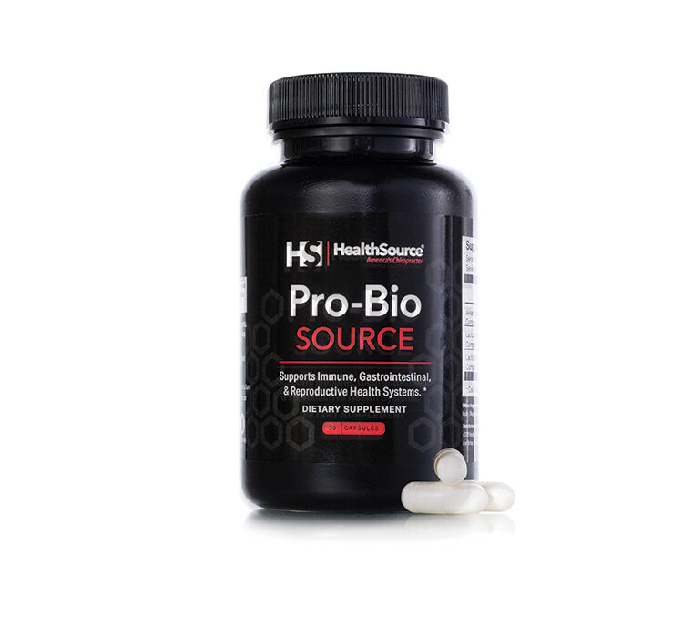 Probiotics supplement bottle on white background.