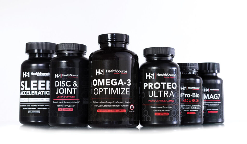 HealthSource Nutritional Supplements, lined up in a row.