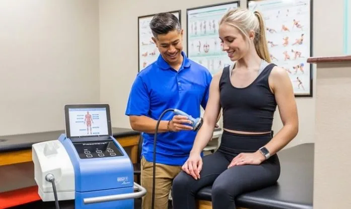 Shockwave therapy treatment applied to patient’s arm in chiropractic clinic for pain relief and healing