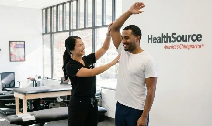 Chiropractor assessing shoulder mobility and range of motion during patient evaluation at HealthSource clinic