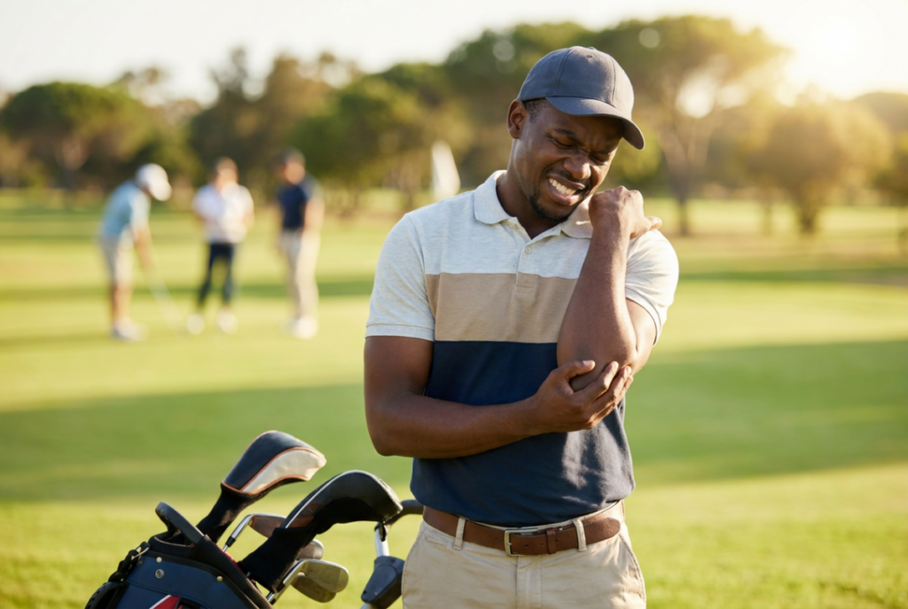Golfer standing on a golf course and holding his elbow in pain, illustrating a repetitive stress injury commonly known as golfer's elbow, with golf clubs and other players visible in the background.