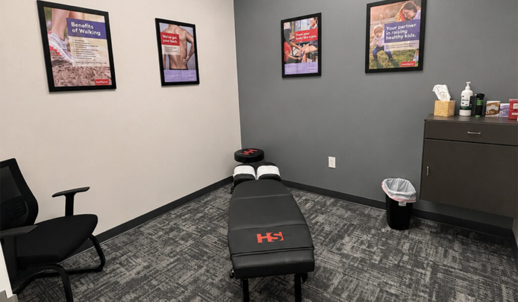 A chiropractic treatment room at HealthSource of Burleson.