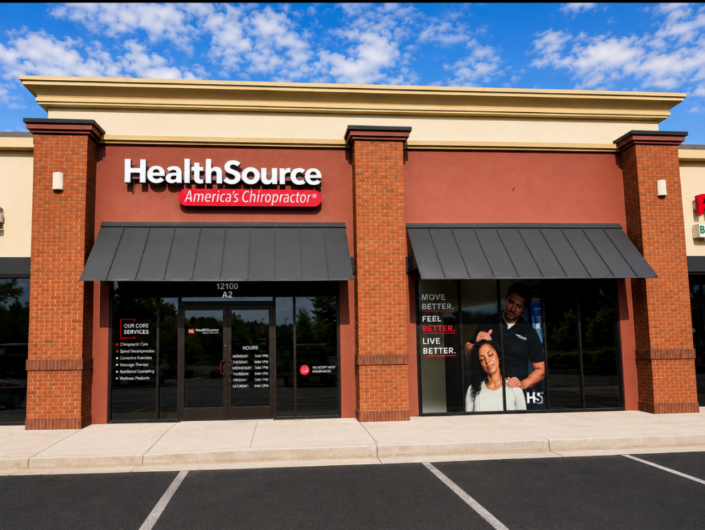 The clinic exterior, window graphics and door hours at HealthSource of County Line Road.